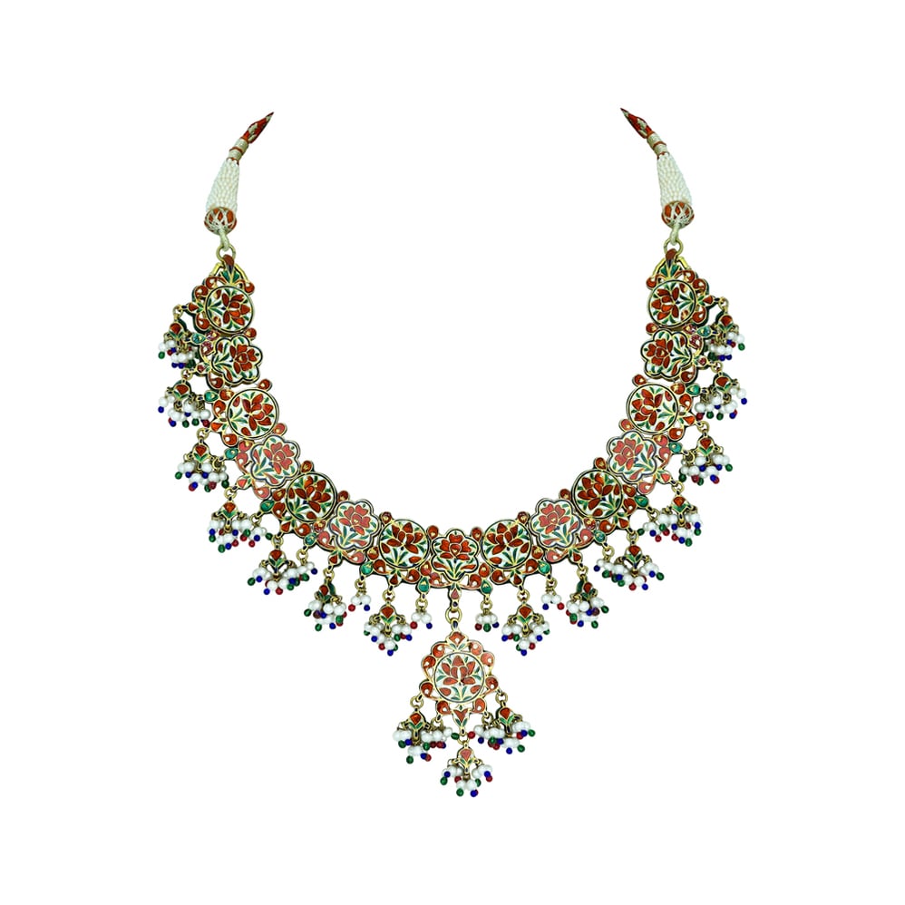 Floral Necklace with Polki, Red-Green Enamel, Pearls, and Beads